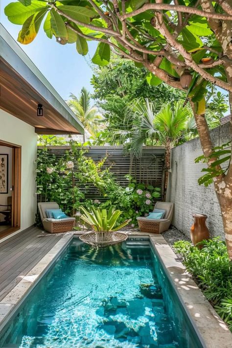 Small Backyard Pool Ideas: Refreshing Designs - Quiet Minimal Lap Pools Backyard Small Yards Simple, Small Garden With Small Pool, Small House Backyard, Small Garden With Pool, Small Space Pool, Small Backyard Pool Designs, Small Yard Pool, 200sqm House, Small Pools For Small Yards