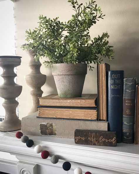 January Mantle with old books, a plant and fuzzy ball garland!   #farmhouse Book Mantle Decor, Mantle With Books, Old Books Decor Display, Mantle Decor With Books, Books On Mantle Decor, Books On Fireplace Mantle, Books On Mantle, January Mantle, January Mantle Decor