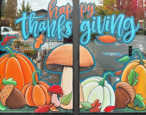 Jackie Knauer (@customartbyjackie) • Instagram photos and videos Window Painting Lettering, Window Painting Thanksgiving, November Window Art, Thanksgiving Window Painting Ideas, Thanksgiving Window Art, Thanksgiving Window Display, Thanksgiving Window Painting, Halloween Window Painting, Fall Window Painting