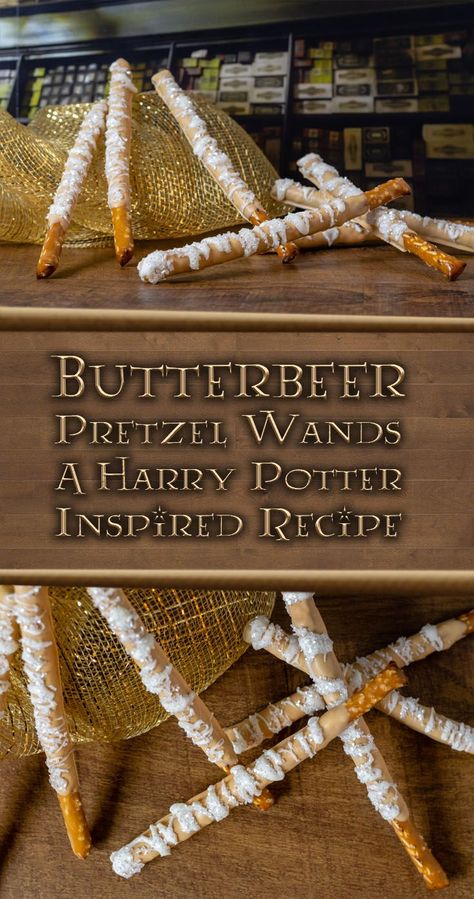 Harry Potter Snack Recipes, Harry Potter Feast Ideas, Butterbeer Snacks, Harry Potter Pretzel Wands, Butterbeer Treats, Harry Potter Baking Recipes, Butterbeer Desserts, Hogwarts Recipes, Harry Potter Breakfast