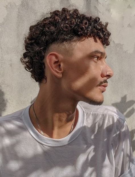 Classic Curly Mullet Haircut Mixed Curly Haircuts, Modern Mullet Curly Hair, Mullet Curly Hair Men, Curly Mullet Men, Grey Hair Color Men, Afro Mullet, Mullet Curly, Curly Hair Mullet, Short Punk Hair