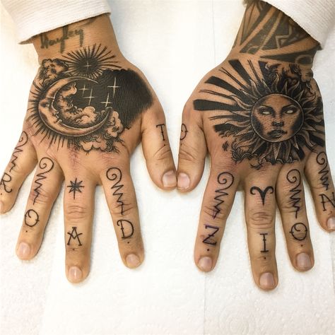 Kimberly on Instagram: “Sun and moon hand tattoos and "road to Zion" finger tattoos 💉 I had so much fun doing these pieces!! ☀️🌙 #tattoo #hand #fingertattoo…” Hand Tattoos Sun And Moon, Sun And Moon Hands Tattoo, Sun Moon Hand Tattoo, Sun And Moon Trad Tattoo, Medieval Sun And Moon Tattoo, Dynamic Tattoo Ink, Unique Hand Tattoos, Side Hand Tattoos, Tattoos For Dad Memorial