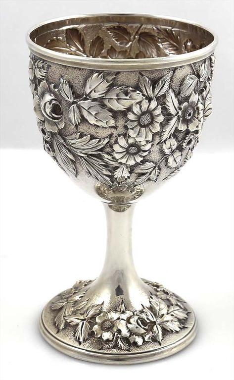 S Kirk & Son antique sterling repousse goblet 401 Silver Centerpiece, Page One, Cocktail Shakers, Silver Ornaments, Vintage Silverware, Silver Flatware, Water Pitchers, Silver Work, 판타지 아트