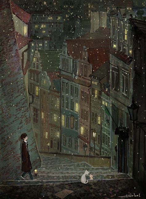 Jungsuk Lee, Pascal Campion, Japon Illustration, 판타지 아트, Winter Night, Alam Yang Indah, Anime Scenery, 그림 그리기, Aesthetic Art