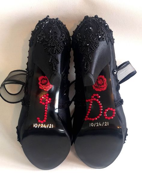 Moody brides need these black bridal shoes to compliment their dark wedding! "I Do" and red roses added on the soles with the wedding date, as a personal touch. Unique yet elegant, you can't go wrong with these black lace embellished wedding shoes... Comfortable low heels available. #comfortableshoes #lowheels #moodywedding #blackwedding #blackshoes #IDo #personalizedshoes #laceshoes Black Wedding Shoes Bride Heels, Black Wedding Shoes Bride, Black Bridesmaid Shoes, Dark Weddings, Wedding Shoes Black, Embellished Wedding Shoes, Black Wedding Shoes, Witch Wedding, Lace Wedding Shoes