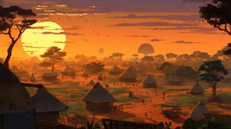 African Village Fantasy Art, Tribe Village Concept Art, Rainforest Village Concept Art, Africa Concept Art, African Fantasy Landscape, Africa Fantasy Art, African Fantasy Art Landscape, African Kingdom Concept Art, African Fantasy Aesthetic