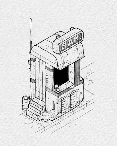 Sci-fi corner bar #illustration #sketching Drawing Buildings, Isometric Room, 3d Maya, Building Inspiration, Corner Bar, Isometric Drawing, Building Illustration, Isometric Art, Isometric Design