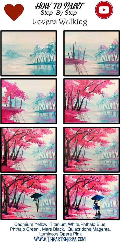 Lovers Walk Cherry Trees Easy Acrylic Painting Tutorial Step By Step Live Streaming | The Art Sherpa Step By Step Canvas Painting Easy, Step By Step Painting For Beginners, Painting Tutorial Step By Step, Art Sherpa, The Art Sherpa, Easy Acrylic Painting, Cherry Trees, Acrylic Painting Flowers, Paint Nite