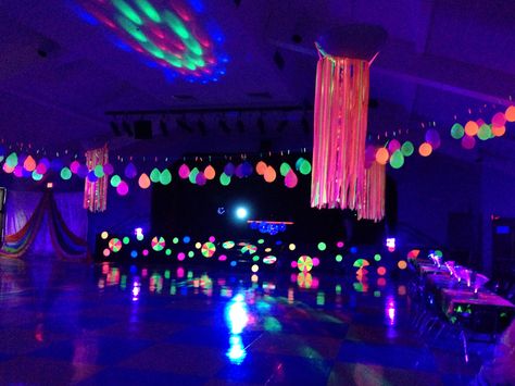 Black Light Theme Party, Glow Party Decorations Black Lights, Neon Karaoke Party, Black Light Dance Party, Neon Dance Theme, Glow In The Dark School Dance, Neon School Dance, Glow In The Dark Backdrop, Neon Sleepover