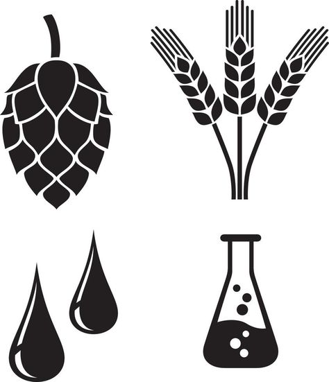 Brewing Ingredients Icons. Hops, Barley,  Water. Black and White. Vector Illustration. Barley Illustration, Water Black And White, Barley Water, Beer Ingredients, Vector Typography, Black And White Vector, Barley, Vector Free, Vector Illustration