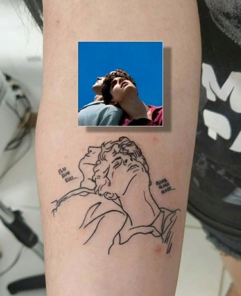 Mystery Of Love Tattoo, Beautiful Boy Tattoo, Timothee Chalamet Tattoo, Cmbyn Tattoo Ideas, Call Me By Your Name Tattoo, Cmbyn Tattoo, Engraving Tattoo, Brush Tattoo, Harry Styles Tattoos