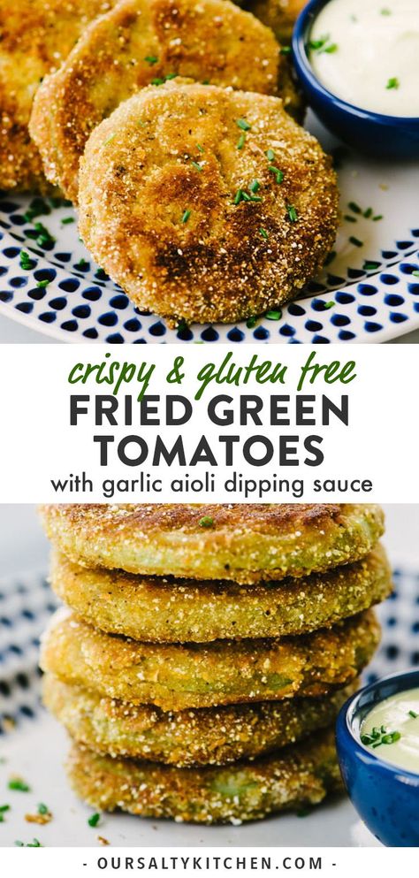 Fried green tomatoes are a classic southern summer recipe! This gluten free version is made with cornmeal, oat flour and buttermilk, then pan sautéed until golden and crispy in a cast iron skillet. I enjoy this easy appetizer with garlic aioli dipping sauce, and a chilled drink. Click through to get all of the details for making your own easy, delicious gluten free fried green tomatoes! #glutenfree #vegetarian #appetizer #sidedish Gluten Free Fried Green Tomatoes, Fried Green Tomatoes Recipe, Gluten Free Sauces, Green Tomato Recipes, Fried Garlic, Gluten Free Puff Pastry, Southern Summer, Fried Green, Garlic Aioli