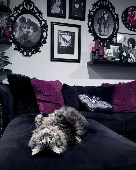 Vampy Living Room, Black Aesthetic Home Decor, Goth House Interior, Garage Halloween Party, Taxidermy Diy, Gothic Living Rooms, Outdoor Decorations Halloween, Goth Living Room, Garage Halloween