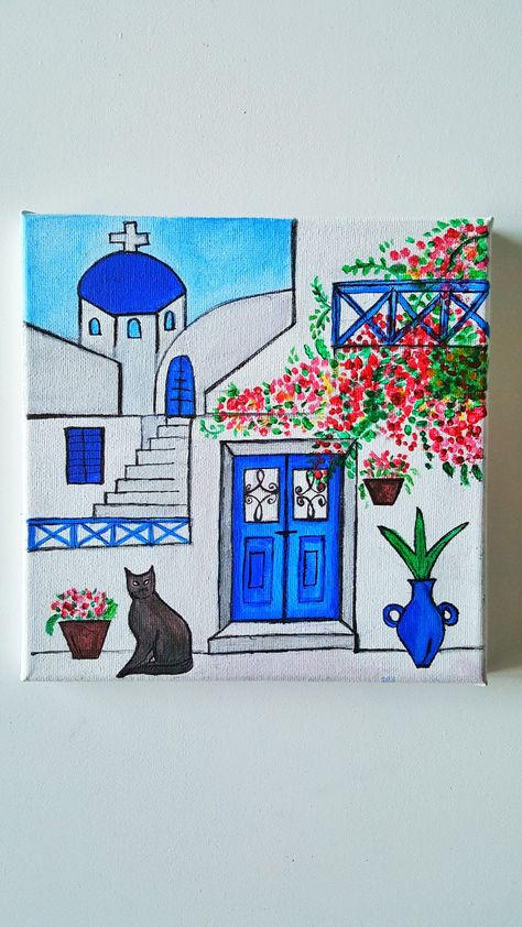 Santorini Greece Drawing, Greece Drawing Simple, Greece Doodles, Santorini Drawing, Greece Painting Easy, Xmas Doodles, Greece Drawing, Santorini Grecia, Greece Painting