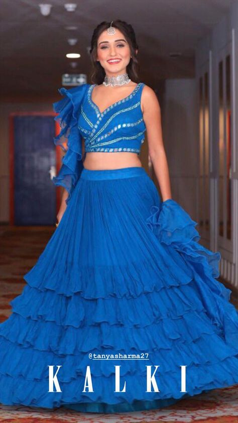 Frill Lehenga Designs, Frill Lehnga, Georgette Crop Top, Mirror Lehenga, Sangeet Function, Tanya Sharma, Skirt And Crop Top, Long Gown Design, Kundan Work