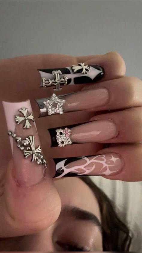 Nail Inspo Y2k Grunge, Nail Ideas Cross, Pink Cross Nails, Nail Designs Hello Kitty, Pink Y2k Nails, Uñas Y2k, Paznokcie Hello Kitty, Long Almond Nails, Cross Nails