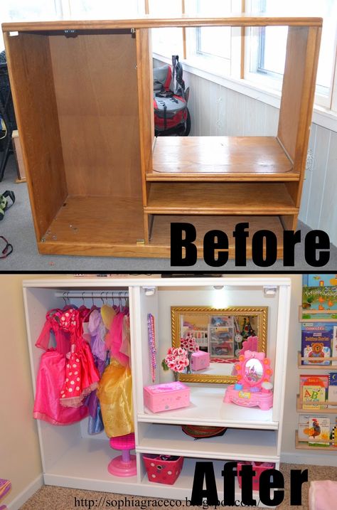 You may have some old furnitures. They look old and you are waiting for an opportunity to throw them away or put them outside by curb for free pickup. It depends on how old they are, it may not be that easy to get rid of them. Have you thought about … Old Tv Stands, Dress Up Stations, Old Entertainment Centers, Dress Up Closet, Dress Up Storage, Princess Diy, Girls Dress Up, Toy Rooms, Big Girl Rooms