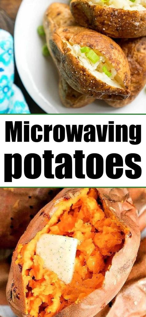 How long to cook a baked potato in the microwave until tender and fluffy is here. Fastest way to cook a potato and how to get crispy skin too Cook Potatoes In Microwave, Pressure Cooker Baked Potatoes, Microwave Baked Potato, Baked Potato Microwave, Microwave Sweet Potato, Crispy Baked Potatoes, Potatoes In Microwave, Cooking Sweet Potatoes, A Potato