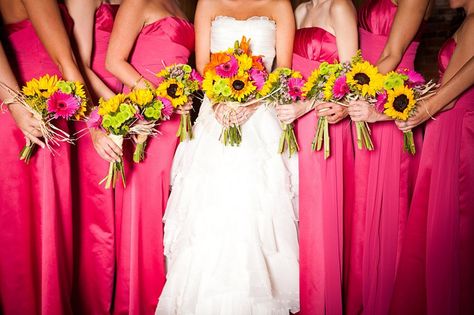 Sunflowers add a beautiful touch to any #wedding. We love the contrast with those gorgeous pink dresses! Pink Yellow Weddings, Hot Pink Wedding, Rustic Sunflower Wedding, Pink Bridesmaids, Hot Pink Weddings, Wedding Color Combos, Moody Wedding, Wedding Theme Colors, Southern Weddings