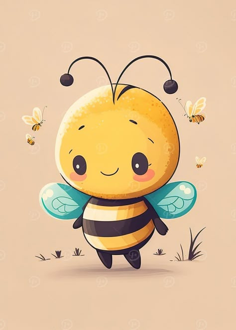 Bumble Bee Illustration Cute, Bee Cartoon Cute, Bug Drawing Cute, Bee Illustration Cute, Cartoon Bees Cute, Cute Bee Illustration, Cartoon Bees, Kawaii Bee, Bee Cartoon