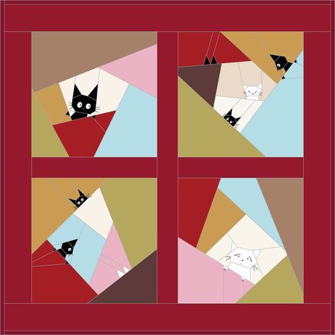 Mini Quilt Pattern Cat Quilt Pattern - Etsy New Zealand Jiji And Lily, Cat Quilt Block, Cat Quilts, Cat Quilt Patterns, Peeking Cat, Mini Quilt Patterns, Paper Quilt, Pattern Cat, Scrap Quilt