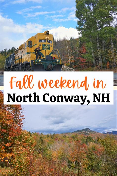 Are you looking for a perfect fall getaway in New England? Visit North Conway in New Hampshire. Conway Scenic Railroad, driving Kancamagus Highway and lots of hiking are among the top things to do in North Conway, NH in the fall. #NorthConway #NH #Fall #Falltravel #NewEngland #USA Conway New Hampshire Fall, New Hampshire October, Fall New Hampshire, Things To Do In Concord New Hampshire, North Conway New Hampshire Fall, Things To Do In North Conway Nh, Kancamagus Highway New Hampshire, October Snacks, New England Vacation