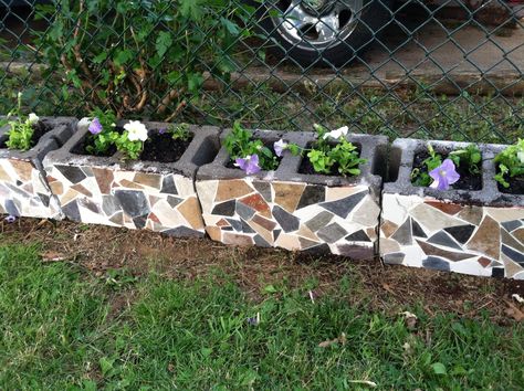 Mosaic cinder blocks completed :) Cinder Block Garden Edging, Mosaic Cinder Blocks Diy, Cinder Block Edging, Brick Books, Mailbox Stand, Mosaic Planters, Cinder Block Garden, Cinder Blocks, Mosaic Garden Art