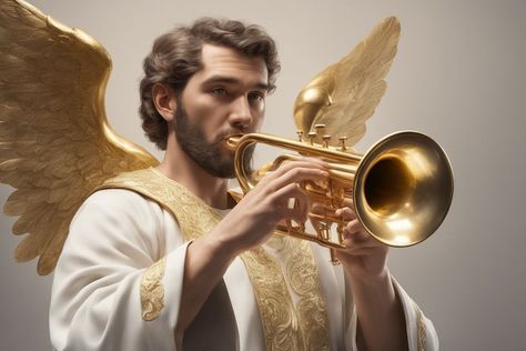 An angel man playing a golden trumpet by andre contingencia 1 - Playground Angel Man, Bible Pictures, One Image, Create Art, Image Generator, An Angel, Christian Art, Social Media Posts, Creating Art