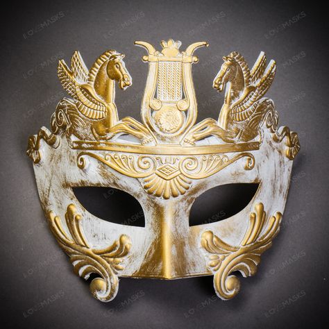 Product Description: The Roman Greek Emperor With Pegasus Horses Venetian Mask In White With Gold Brushed Mark. This Mask Is Made From High-Quality Materials And Is Molded To Perfection. The Classic Roman Greek Emperor Design Features Detailed Embellishments Of Pegasus Horses And Is A Timeless Piece That Can Also Be Decorated To Match Any Costume Or Wear As It.&Nbsp; Product Features &Bull; Made From Plastic With Plastic Plastered And Hand Crafted And Hand Painted.&Bull; Great For A Masquerade B Horse Masquerade Mask, Masquerade Couple, Porcelain Mask, Fantasy Mask, Venetian Costumes, Masquerade Mask Black, Venetian Costume, Light Up Hats, Greek Costume