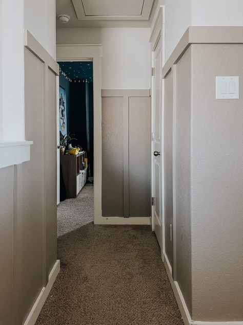 completed hallway board and batten Hallway Board And Batten, Hanging Wall Planters, Board Batten, Polaroid Wall, Upstairs Hallway, Board And Batten, Minimalist Chic, Design Aesthetic, Cheap Diy