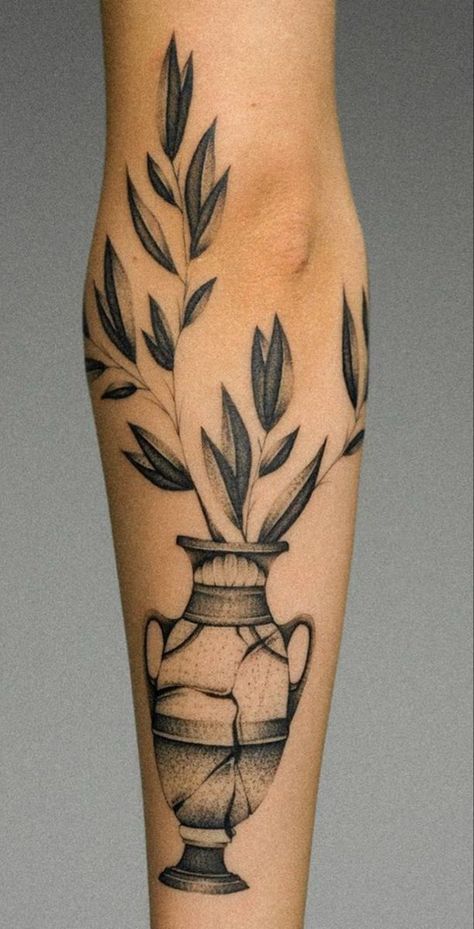 Shattered Vase Tattoo, Greek Plant Tattoo, Kintsugi Vase Tattoo, Broken Vase Tat, Amphora Tattoo, Vase With Flowers Tattoo, Traditional Tattoo Vase, Vase Tattoo Design, Kintsugi Tattoo