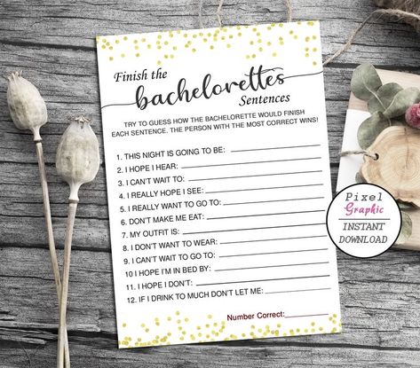 Finish The Bachelorette's Sentence Gold Bachelorette Party Game - Hen Party Game, Bachelorette printable game Funny Bachelorette Game Gold Dots Background, Funny Bachelorette Games, Rose Gold Bachelorette Party, Rose Gold Bachelorette, Gold Bachelorette Party Decorations, Bachelorette Game, Bachelorette Party Game, Gold Bachelorette Party, Gold Bachelorette