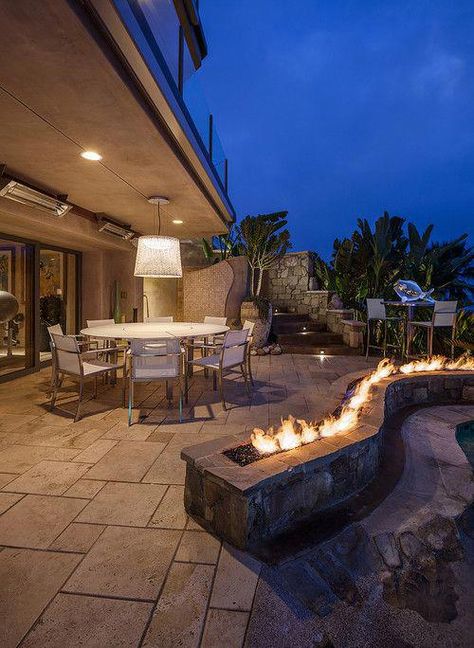 outdoor firepit   backyard ideas   landscape   exterior design inspiration   fire feature ledge #exteriordesignhome Tropical Patio, Christmas Lights Outside, Balkon Decor, Modern Outdoor Patio, Christmas House Lights, Outdoor Patio Designs, Pergola Design, Beautiful Patios, Fire Features