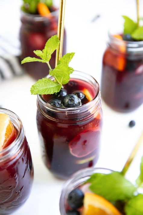 Blueberry Sangria - The Forked Spoon Blueberry Sangria Recipes, Donut Hole Recipe Baked, Blueberry Sangria, Pumpkin Spice Donut Holes, Baked Donut Holes, Orange Sangria, Red Sangria Recipes, Easy Sangria Recipes, Winter Sangria