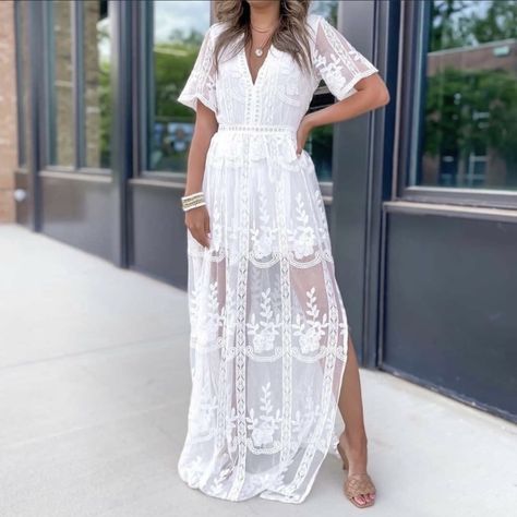 White Lace Trim Summer Maxi Dress, Sleeveless Lace Maxi Dress For Beach Cover-up, Off-white Maxi Dress With Lace Trim For Brunch, Lace Maxi Romper, White Laced Romper Dress, Lace Romper, Lace Maxi, Pink Lily, Ivory Lace