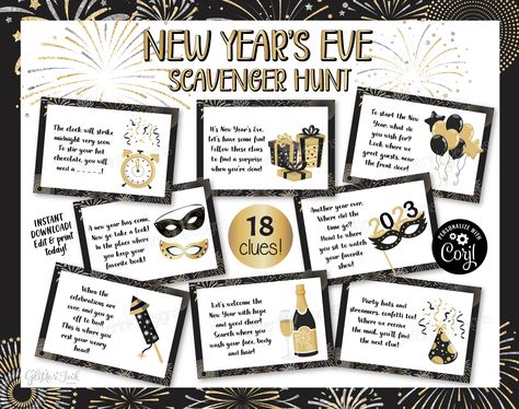 Nye Games For Kids, New Years Eve Scavenger Hunt, Nye Games, Rhyming Riddles, Clue Cards, Kids New Years Eve, Treasure Hunt Clues, Scavenger Hunt Clues, Scavenger Hunt For Kids