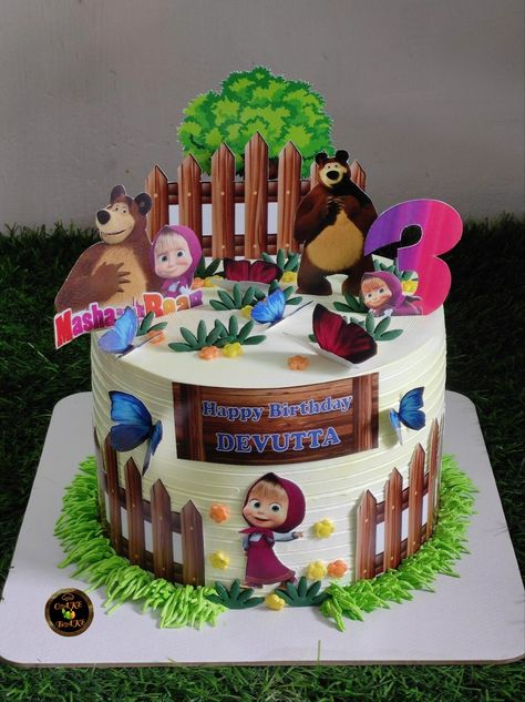 Masha Cake Design, Masha Theme Cake, Masha And The Bear Cake Design, Masha And The Bear Cake Birthday, Marsha And Bear, Bolo Do Barcelona, Bear Theme Cake, Masha And The Bear Cake, Masha Cake