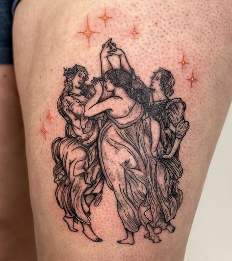 Three Muses Tattoo, Three Graces Tattoo, Classic Art Tattoo, Sappho Tattoo, Ophelia Tattoo, Classical Art Tattoo, Art History Tattoo, Fate Tattoo, Grace Tattoos