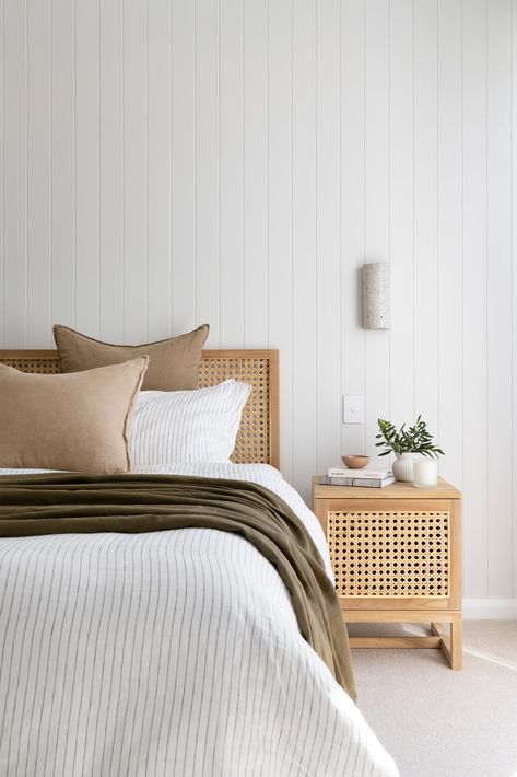 Our Calabria Bedhead is a subtle yet bold statement piece for any bedroom. Rattan is one of the most coveted interior looks. With its ability to transcend myriad styles from coastal through to Scandi, retro, bohemian and British Colonial, it adds texture, warmth and effortless style. Pair it with other pieces from our Calabria range.MATERIALS:Plantation Teak Wood frame in natural finishingDIMENSIONS:1830 x 40 x 1100mm King Size Coastal Rattan Bedroom, Coastal Bed Frame, Timber Bedhead, Australian Bedroom, Rattan Bedhead, Bedroom Rattan, Coastal Bed, Bedroom Moodboard, Rattan Bedroom