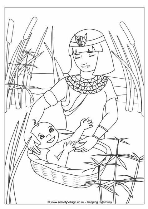 Moses in the basket colouring page. Click through to the website for the printable. Moses Coloring Page, Moses In The Basket, Baby Moses Crafts, Moses Red Sea, Moses Craft, Passover Activities, Cross Coloring Page, Sunday School Coloring Pages, Arte Judaica