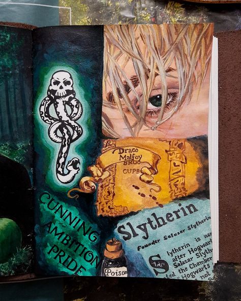 Slytherin Aesthetic Painting, Slytherin Journal Ideas, Draco Malfoy Journal, Slytherin Painting Ideas, Draco Malfoy Painting, Slytherin Painting, Harry Potter Sketchbook, Slytherin Journal, Draco Malfoy Art