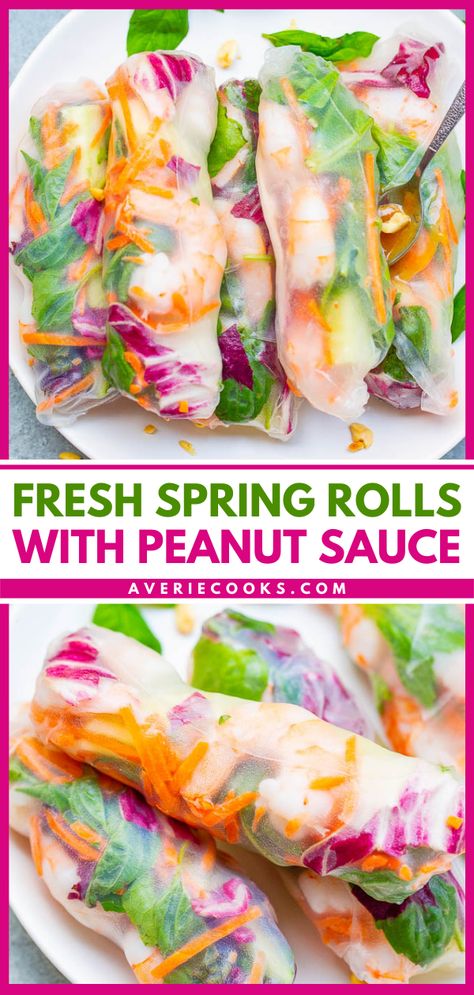 Fresh Spring Rolls Recipe (+ Peanut Sauce) - Averie Cooks Healthy Peanut Sauce For Spring Rolls, Shrimp Spring Rolls With Peanut Sauce, Fresh Spring Rolls With Peanut Sauce, Summer Rolls With Peanut Sauce, Fresh Spring Rolls Recipe, Healthy Rolls, Spring Rolls With Peanut Sauce, Rice Paper Spring Rolls, Vietnamese Spring Rolls Recipe