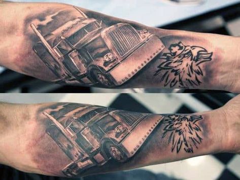 Trucker Tattoo, Hot Rod Tattoo, Truck Tattoo, Mechanic Tattoo, Inner Forearm Tattoo, Inner Forearm, Peterbilt 379, Dad Tattoos, Memorial Tattoos