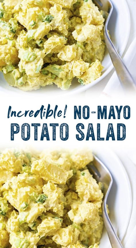 Potato salad without mayo? This No Mayo Potato Salad may be the best healthy potato salad you've ever had. It tastes just like classic picnic potato salad! #salad #potatosalad #healthy #mealprep #summerrecipes #bbq #picnic #healthypotatosalad #vegan #vegetarian #glutenfree Potato Salad Without Mayo, No Mayo Potato Salad, Mayo Potato Salad, Healthy Potato Salad, Potato Salad No Mayo, French Potato Salad, Classic Picnic, Healthy Potato, Potato Salad Recipe Easy