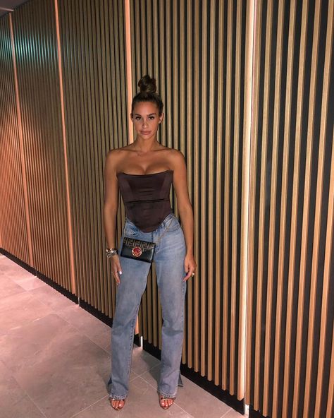 E M I L Y S H A K on Instagram: “🤎” Flare Jeans Outfit Going Out, Jeans And Heels Outfit Going Out, Brown Corset Outfit, Corset Top And Jeans, Date Outfits Casual, Fendi Mini Bag, Brown Corset Top, Overall Outfits, Fashion Outfits Cute