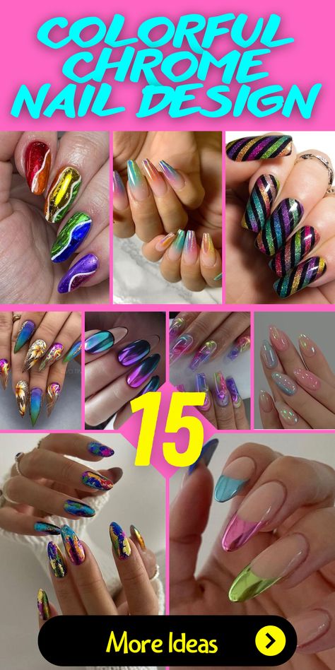 Embrace the playfulness of colorful chrome nails that allow you to express your unique style through a burst of vibrant shades. Whether you prefer stiletto or coffin-shaped nails, the combination of chrome finish and multi-colored designs creates a nail masterpiece that's truly one-of-a-kind. Let your creativity run wild and experiment with different patterns, shapes, and colors for a dazzling effect. Long Nail Designs Spring, Chrome Coffin Nail Ideas, Chrome Nails Different Colors, Multi Chrome Nails, Rainbow Chrome Nails Designs, Chrome Abstract Nails, Multi Color Chrome Nails, Multicolored Chrome Nails, Wild Nails