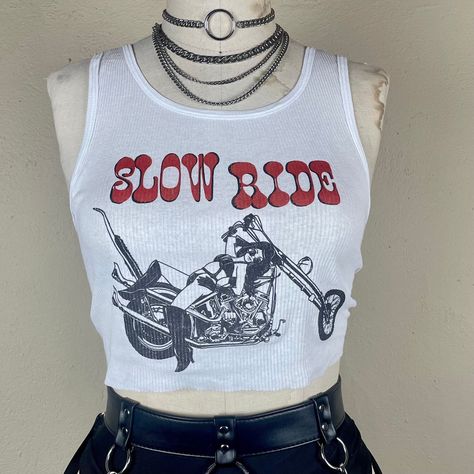 Ribbed tank with a Slow Ride handpressed graphic inspired by 70’s & 80’s bikers.All tanks will have a cut hem. If you want it v-neck notch or tank to be extra shredded, let us know and we’ll add holes, tears, wear marks etc...Want it cropped? Leave us a note!Available in unisex xs-xxl.Chest M Biker Chick Style, Clothes Beach, Motorcycle Clothing, Biker Chick, Crop Top Outfits, Motorcycle Outfit, Ribbed Tank, Cool Tees, Graphic Shirts