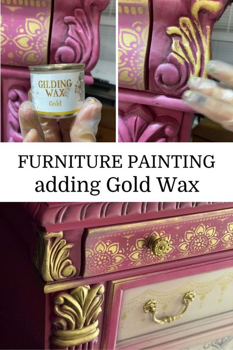 Here's how to add gold wax to your painted furniture makeover. I use Dixie Belle's Gilding Wax in Gold and love adding it to wood carvings, like I did on this painted dresser. Hop over to my furniture painting blog to learn my wax application techniques and how to paint your own to gold wax furniture. Gold Accent Furniture Diy, Gold Gilding Diy, Gold Leafing Furniture, Black And Gold Painted Furniture, Gilding Wax On Furniture, Gold Dresser Diy, Gold Furniture Paint, Gold Leaf On Furniture, Wax Over Chalk Paint