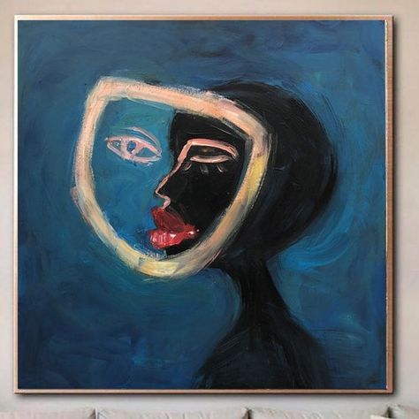 Abstract Portrait Painting, Blue Canvas Art, Modern Portraits, Stretched Painting, Art Minimaliste, Abstract Faces, Abstract Portrait, Gallery Art, Handmade Oil