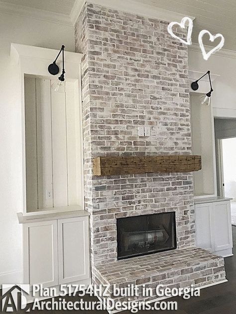 Statement Wall Living Room Fireplace, Living Room Hearth, Mantle Over Wood Stove, Fireplace With Hearth And Mantle, Front Dormer, Wood Beams Living Room, Whitewash Brick, Brick Ideas, Beams Living Room